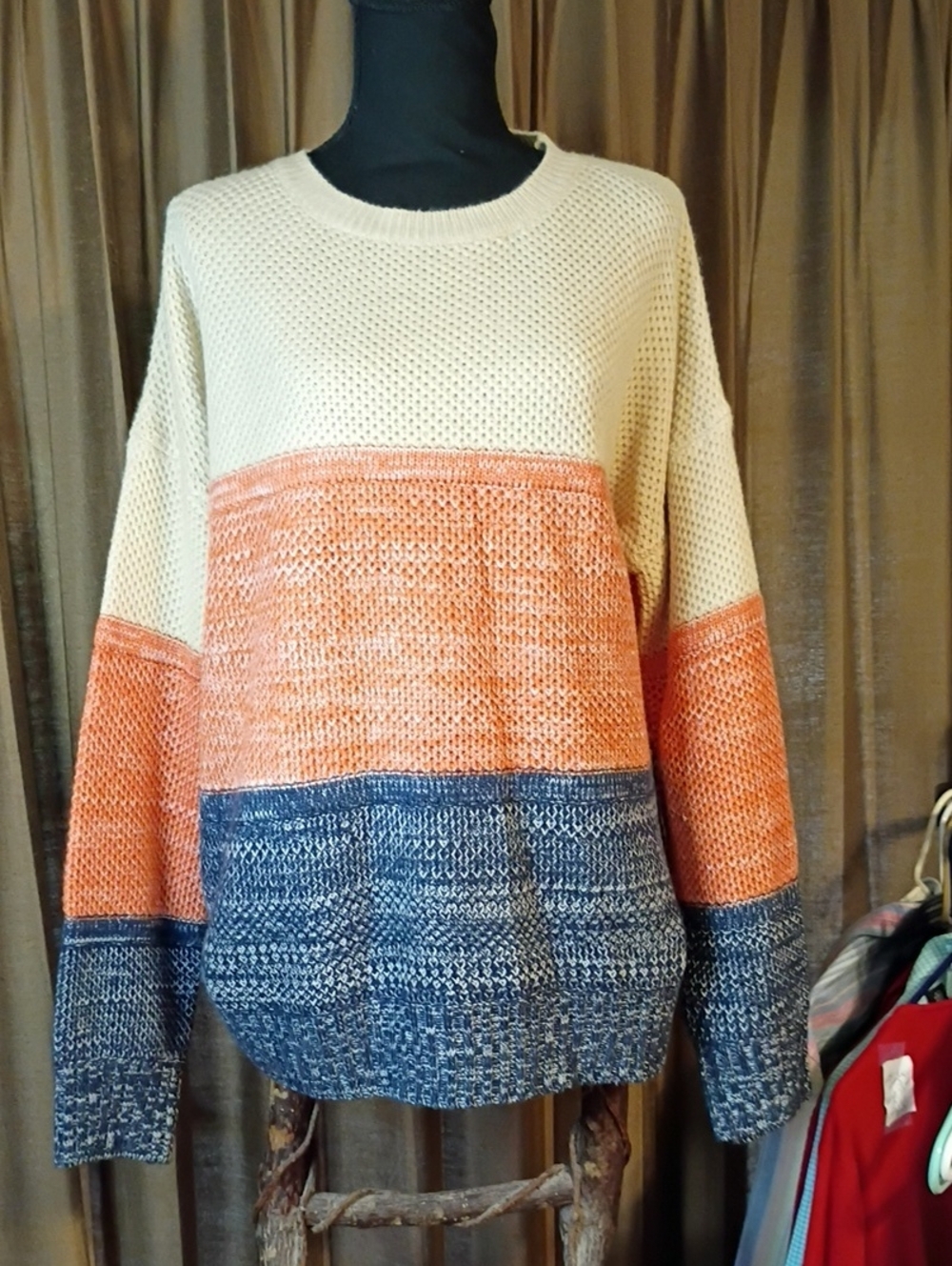 Colorblock Crewneck Sweater - Cream, Coral & Blue By Merokeety